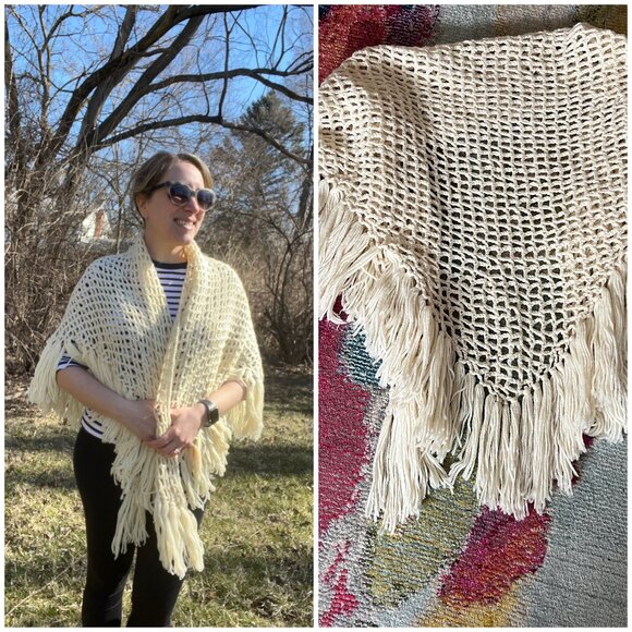 Vintage cream knit shawl with fringe trim one size fits most - Picture 1 of 8